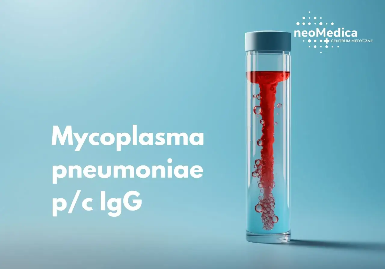 Badanie Mycoplasma pneumoniae p/c IgG. Czerwona ciecz w probówce, symbolizująca próbkę do analizy.