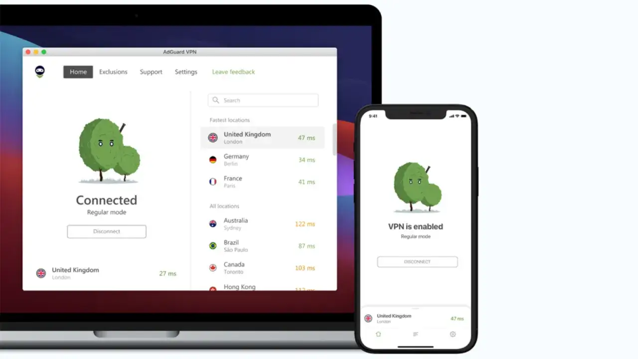 AdGuard VPN na laptopie i telefonie pokazuje połączenie z Londynem.