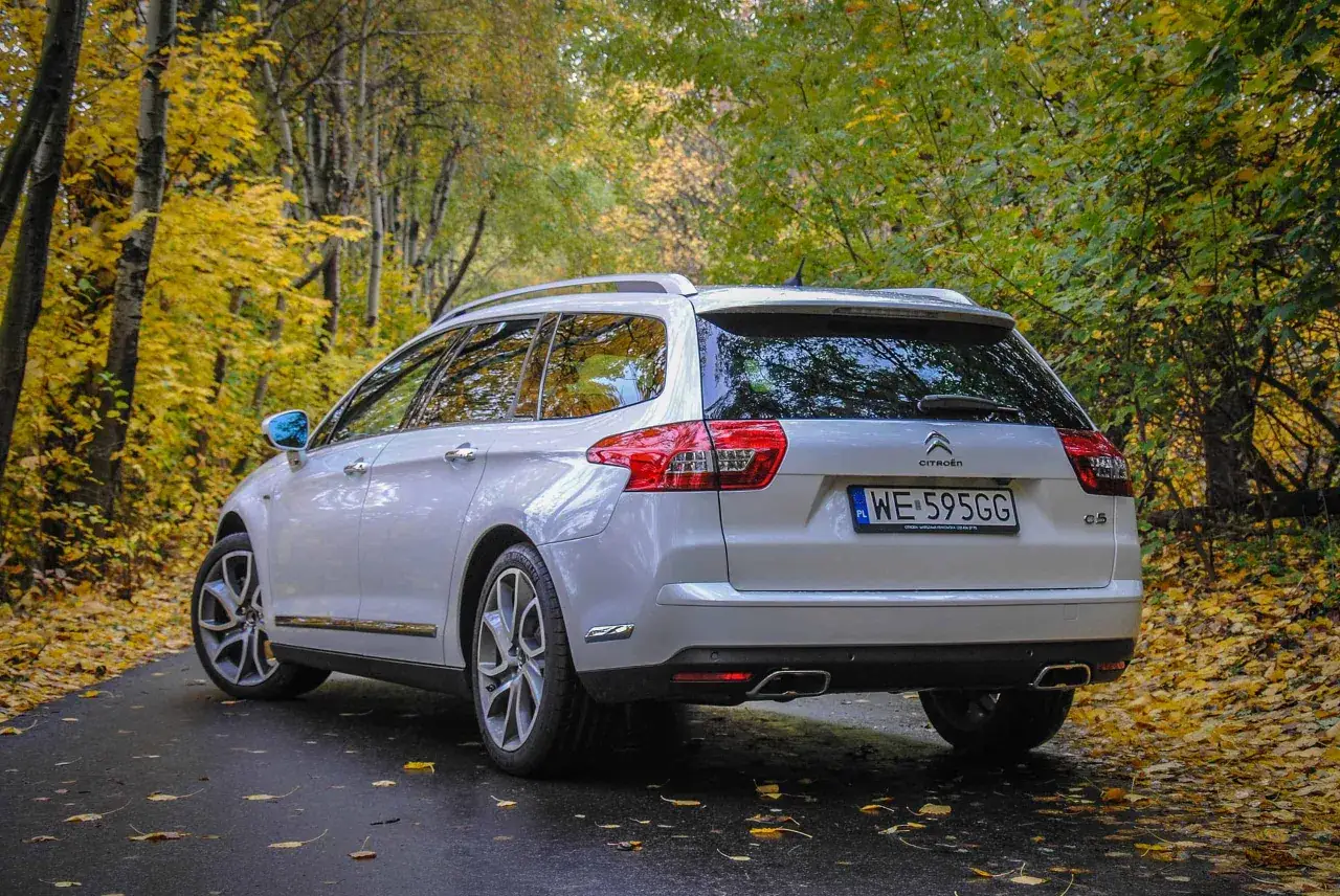 Białe kombi Citroen C5 2.0 HDI na tle jesiennego lasu.