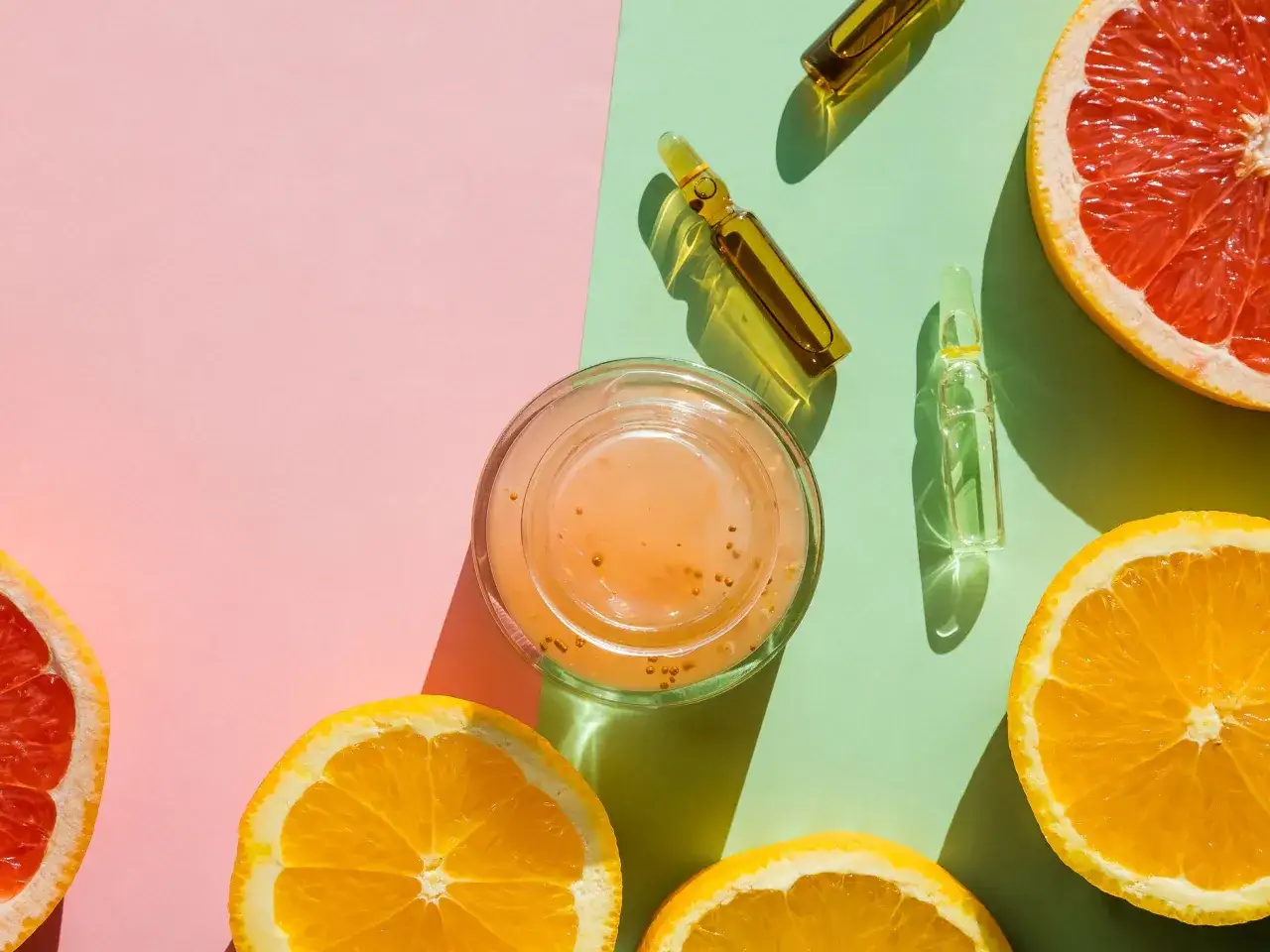 Naturalne antyoksydanty w kosmetyce: ampułki z serum i plastry cytrusów na pastelowym tle.