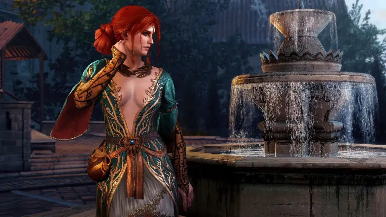 Triss Merigold, w bogatej sukni, stoi przy fontannie. Czy to ona, czy Yen?