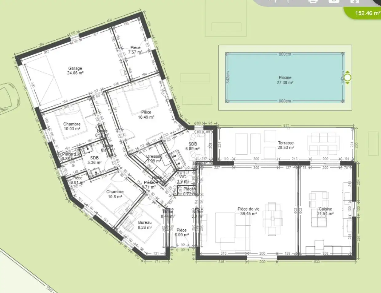 Plan d'un type de maison avec garage, piscine, terrasse, pièce de vie, cuisine, chambres, SDB, dressing et bureau.