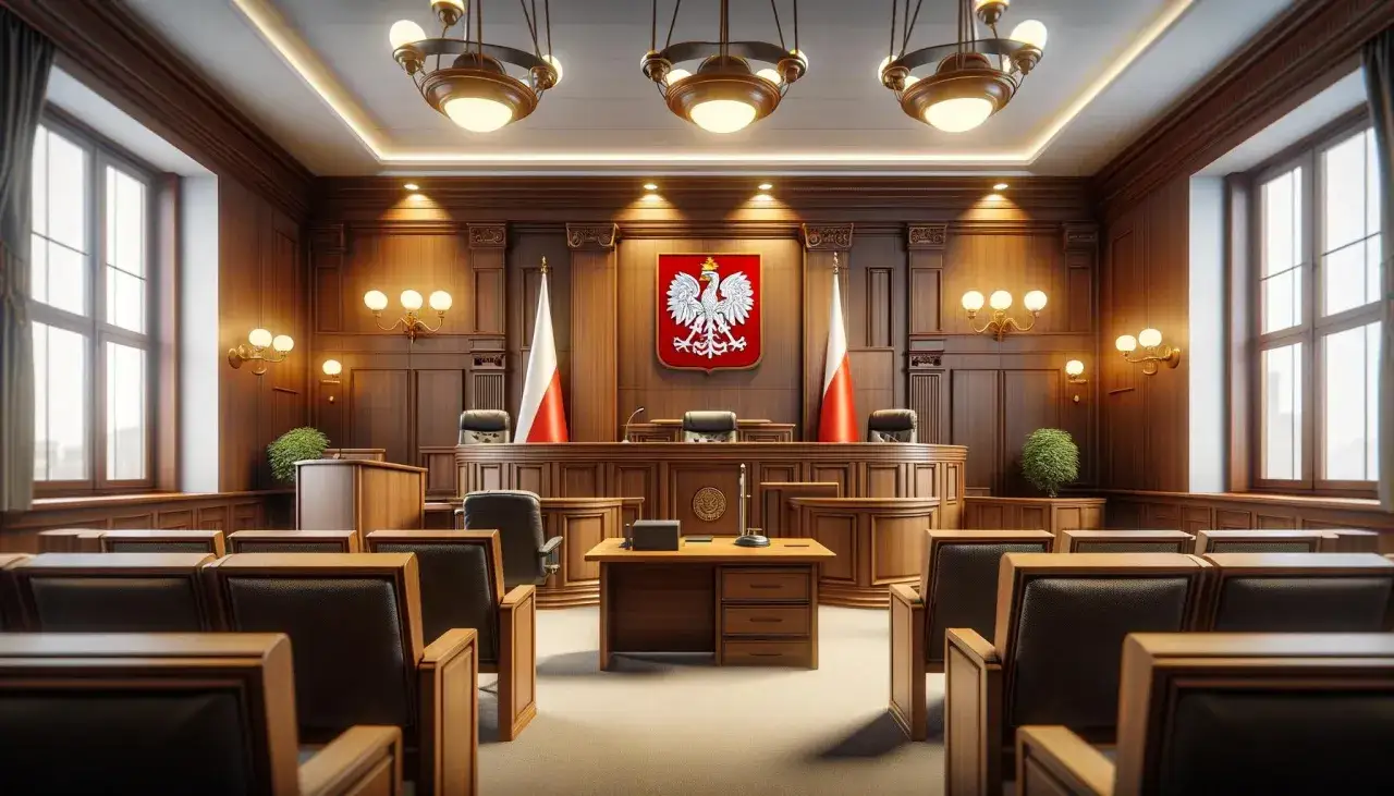 Sądowa sala z polskim godłem i flagami. Czy można unieważnić rozw&oacute;d? Tu zapadają ważne decyzje.
