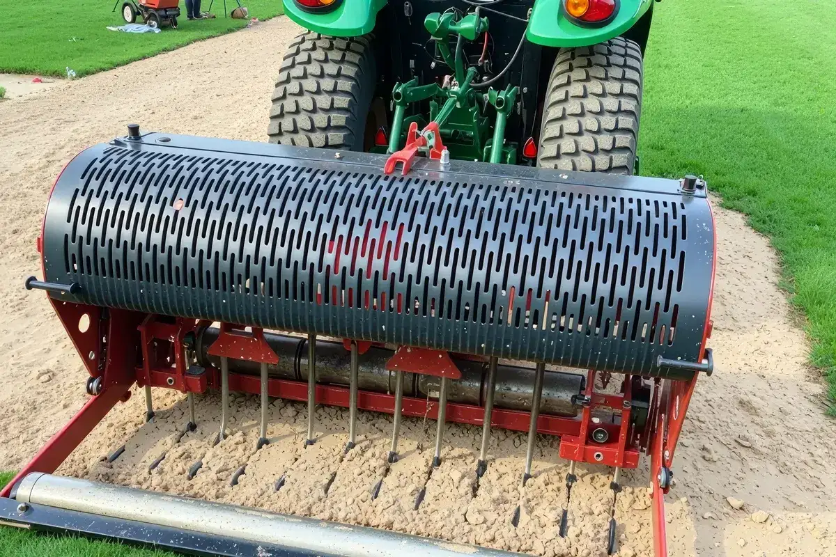 Traktor z aeratorem wykonuje aerację trawnika, nakłuwając ziemię kolcami, by zapewnić lepsze dotlenienie i drenaż.