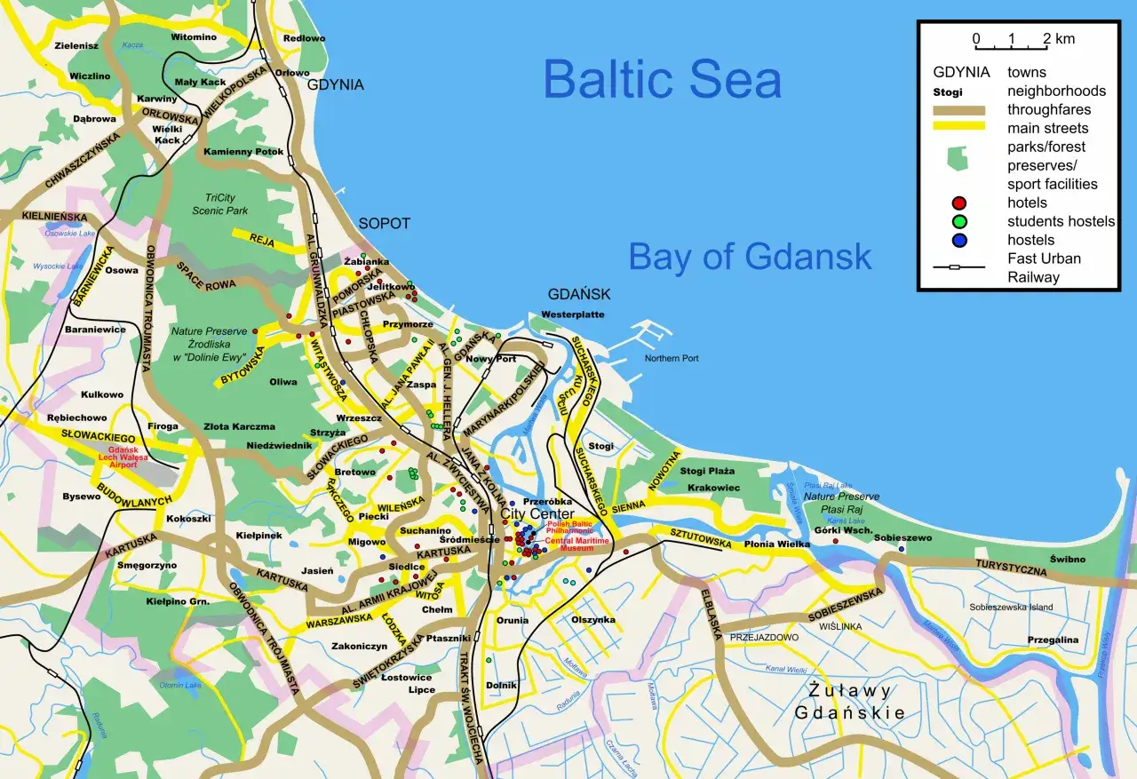 Mapa Gdańska z zaznaczonymi dzielnicami nadmorskimi i Gł&oacute;wnym Miastem