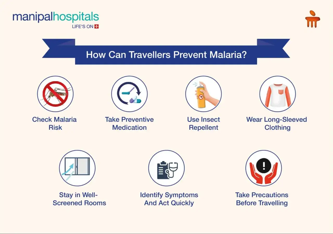 Reseinformation om hur man undviker malaria: kontrollera risk, ta medicin, använd myggmedel, bär heltäckande kläder, bo i rum med myggnät och agera snabbt vid symtom.