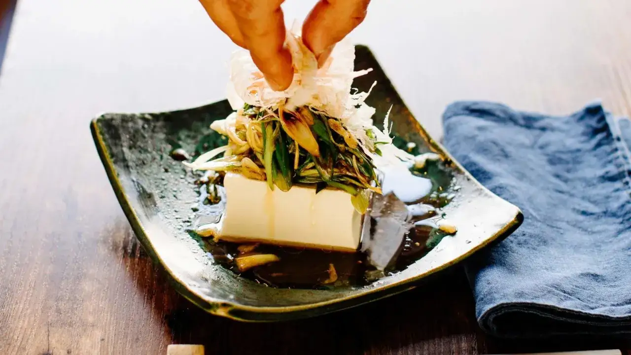 Ein Stück seidentofu, garniert mit Frühlingszwiebeln und Bonitoflocken. So einfach kann seidentofu selber machen sein!