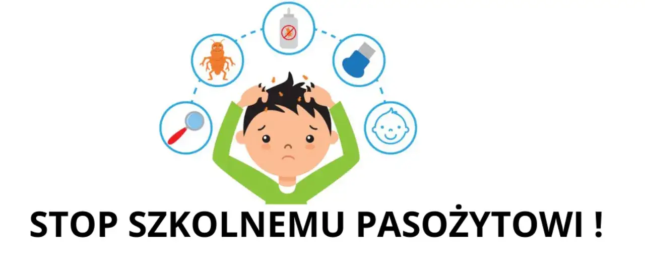 Chłopiec drapie się po głowie, wokół niego symbole wszy, leku i dziecka. STOP SZKOLNEMU PASOŻYTOWI!