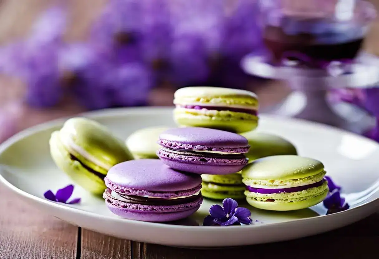 Douceurs violettes et vertes, ces macarons de P&acirc;ques &eacute;voquent la douceur printani&egrave;re.