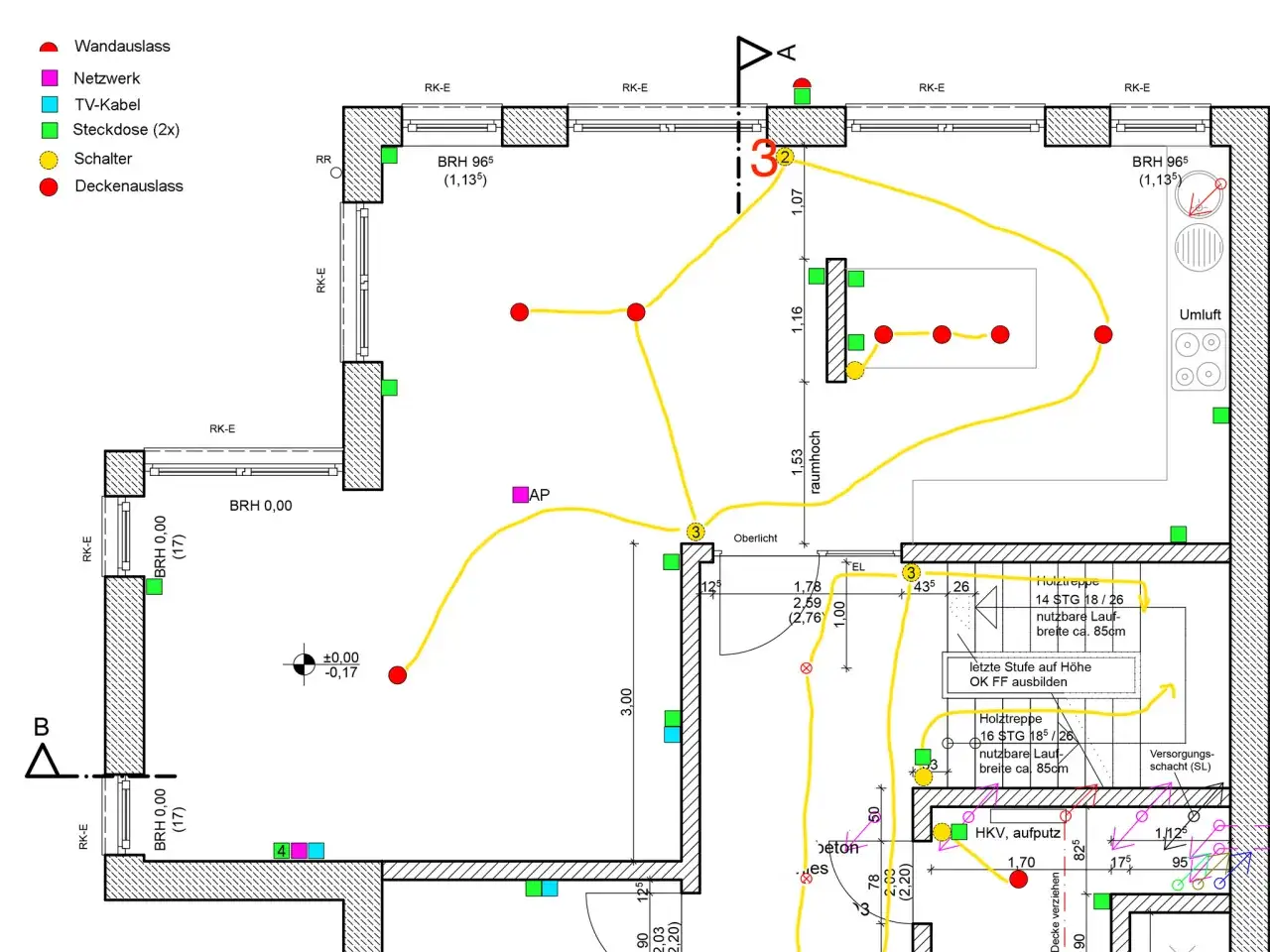 Grundriss mit Elektroinstallationen. Die Planung der Steckdosen und Leitungen ist detailliert dargestellt.