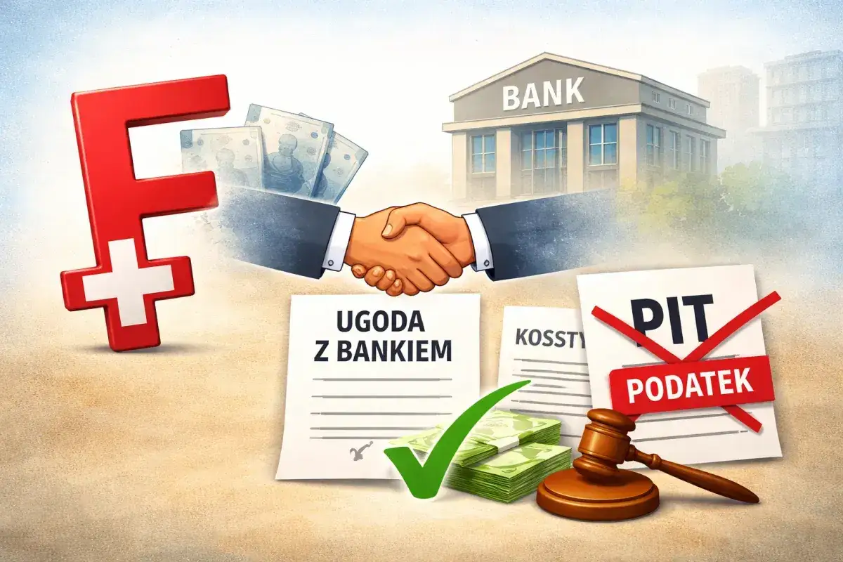 Symbol franka szwajcarskiego, uścisk dłoni z bankiem, ugoda, pieniądze i przekreślony PIT. Rozwiązanie problemu kredytów frankowych.