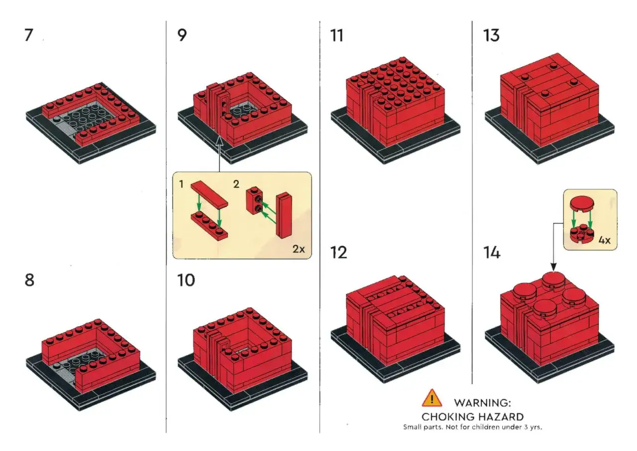 Instrukcja krok po kroku, jak zbudować z lego. Widzimy kolejne etapy budowy czerwonej konstrukcji na czarnej podstawie.