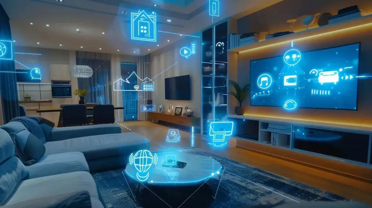 Moderne Wohnzimmer mit leuchtenden Symbolen, die smarte Haus-Ideen wie Lichtsteuerung und Unterhaltung darstellen.