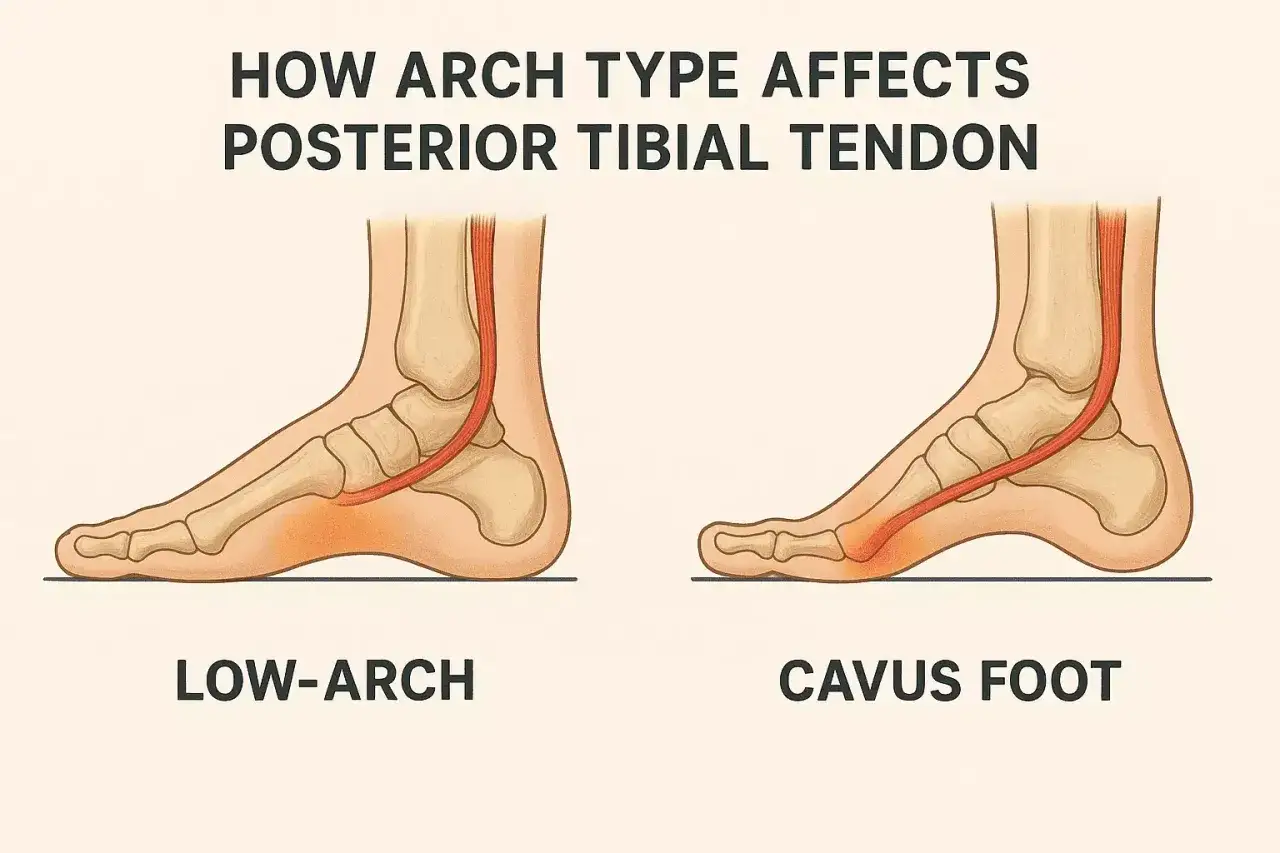 Vergleich von Fußgewölben: Flachfuß mit deutlicher Belastung des tibialis posterior und Hohlfuß mit anderer Sehnenposition.