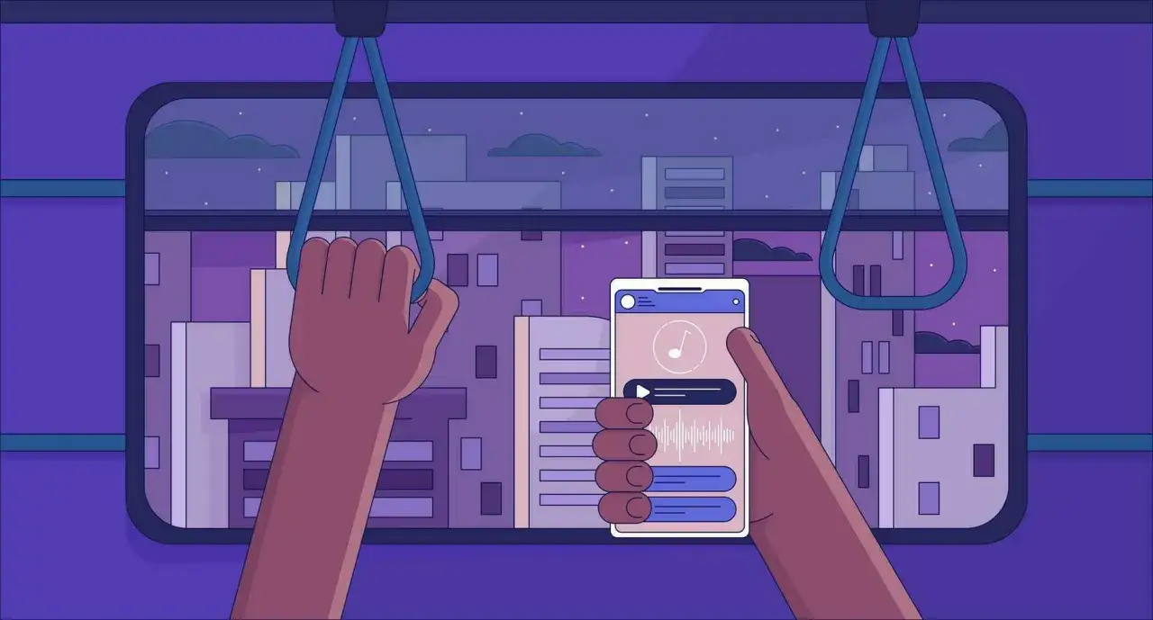 Nocny przejazd autobusem. W dłoniach trzymam telefon, na którym odtwarzam muzykę lofi, patrząc na nocne miasto.