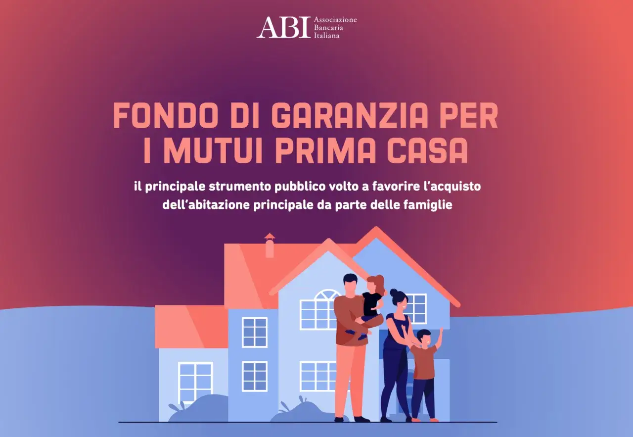 Famiglia davanti a una casa stilizzata, con testo che promuove il fondo di garanzia per il mutuo prima casa.
