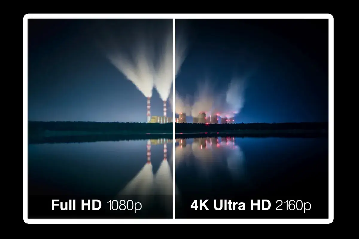 Porównanie jakości obrazu: Full HD 1080p vs 4K Ultra HD 2160p. Elektrownia nocą nad wodą.