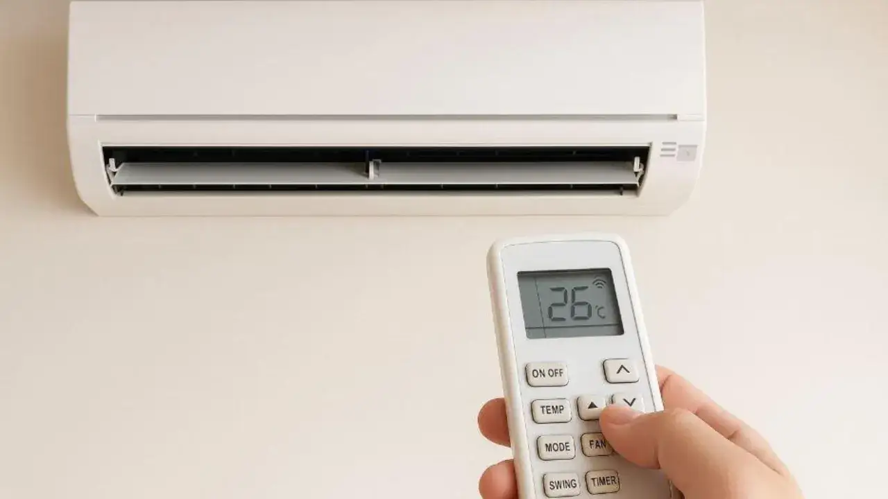 Mando a distancia ajusta el aire acondicionado a 26°C, la temperatura ideal para ahorrar energía y mantener el confort.