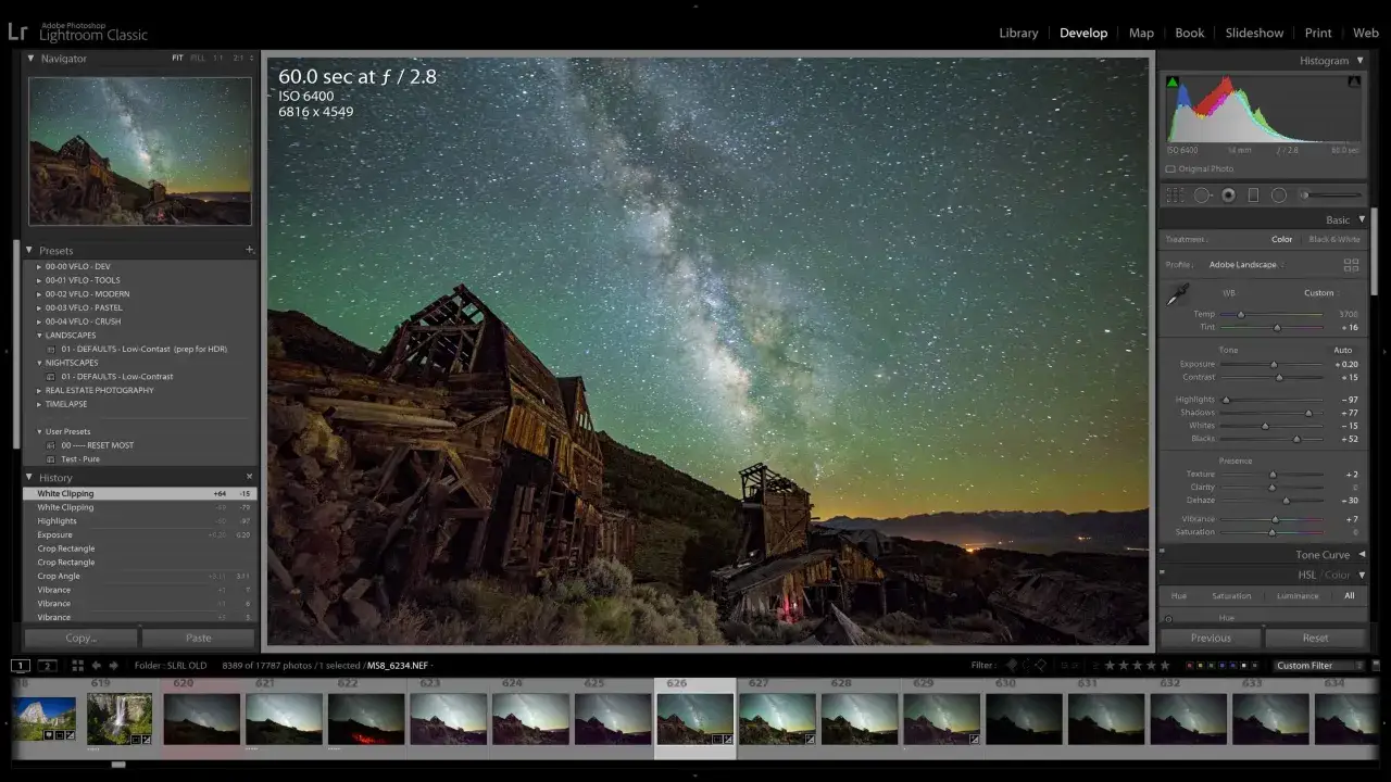 Zdjęcie nocne z Drogą Mleczną nad opuszczonymi budynkami, edytowane w Lightroom. Kurs Lightroom pomoże Ci osiągnąć taki efekt.