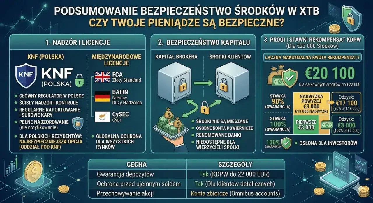 Broker giełda XTB zapewnia bezpieczeństwo środków dzięki nadzorowi KNF, FCA, BAFIN, CySEC i ochronie KDPW do 22 000 EUR.