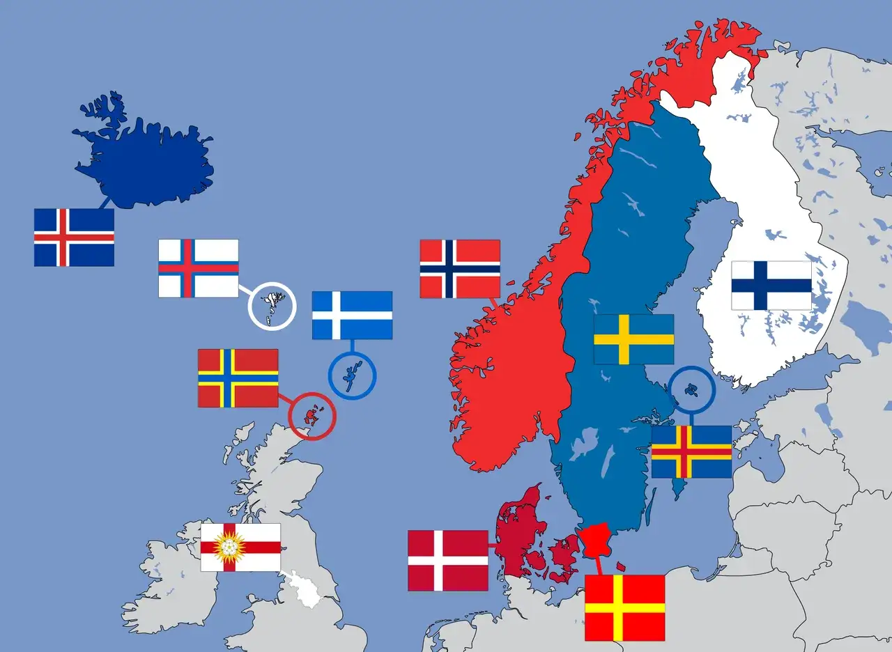Karta över Norden med flaggor som illustrerar språksituationen i norden. Island, Färöarna, Norge, Sverige, Danmark och Finland visas.