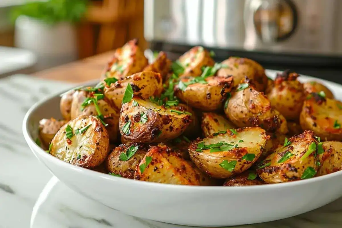 Pommes de terre grenaille croustillantes et dor&eacute;es, fra&icirc;chement sorties de l'airfryer, parsem&eacute;es de persil frais. Un d&eacute;lice !