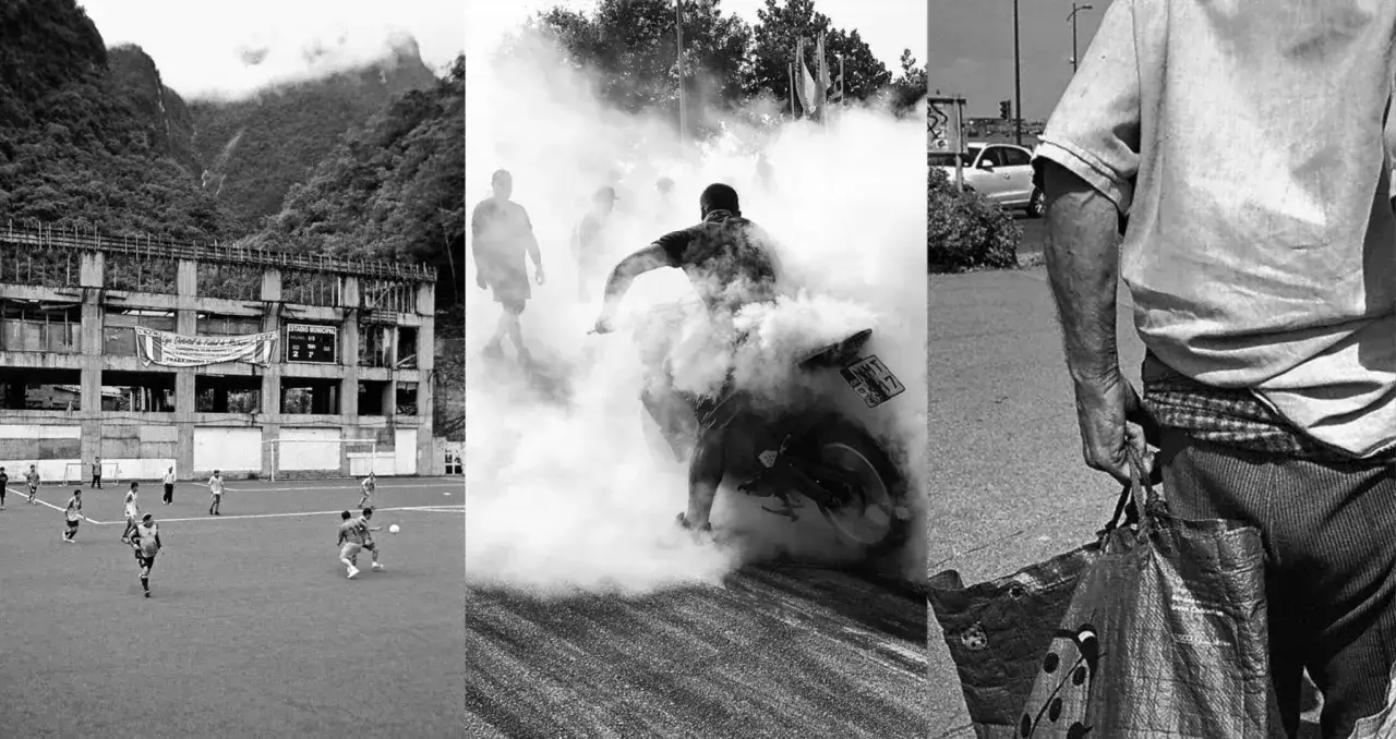 A tri x collage: soccer game near a mountain, a motorcycle doing a burnout in smoke, and a man carrying bags.