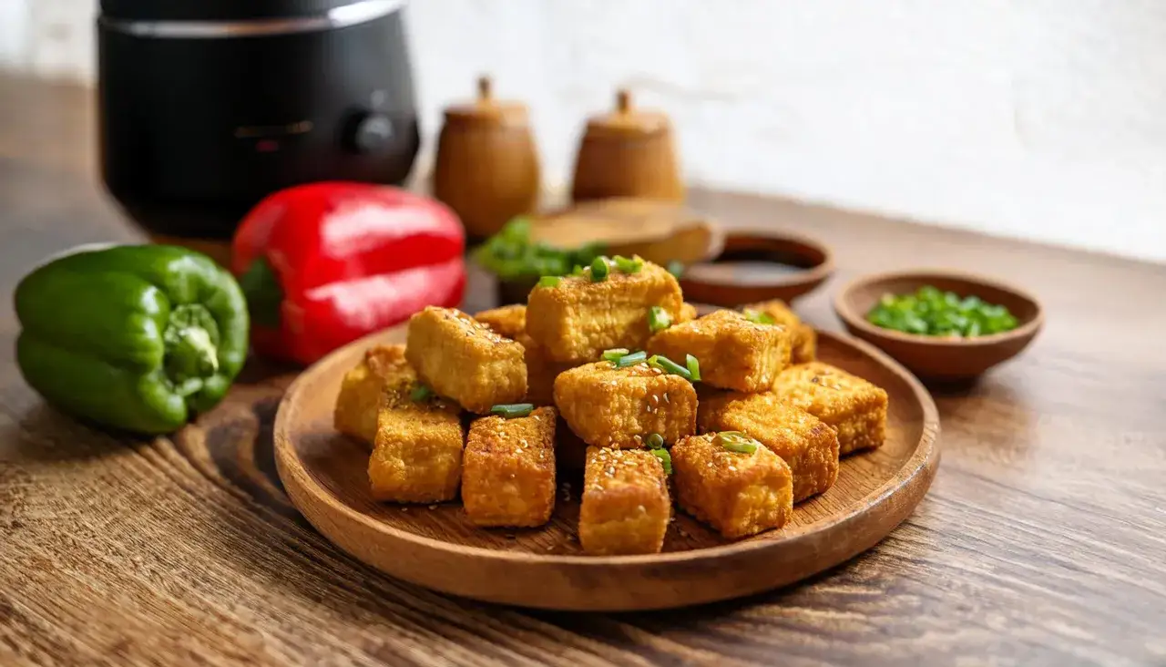 Chrupiące tofu z airfryera, posypane szczypiorkiem i sezamem, na drewnianej desce. Obok zielona i czerwona papryka.