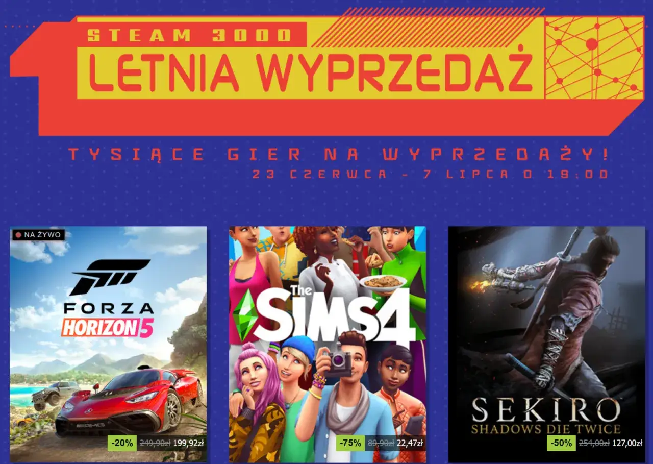 Letnia wyprzedaż Steam 3000: Forza Horizon 5, The Sims 4 i Sekiro Shadows Die Twice. Szukaj najtańsza gra na Steam!