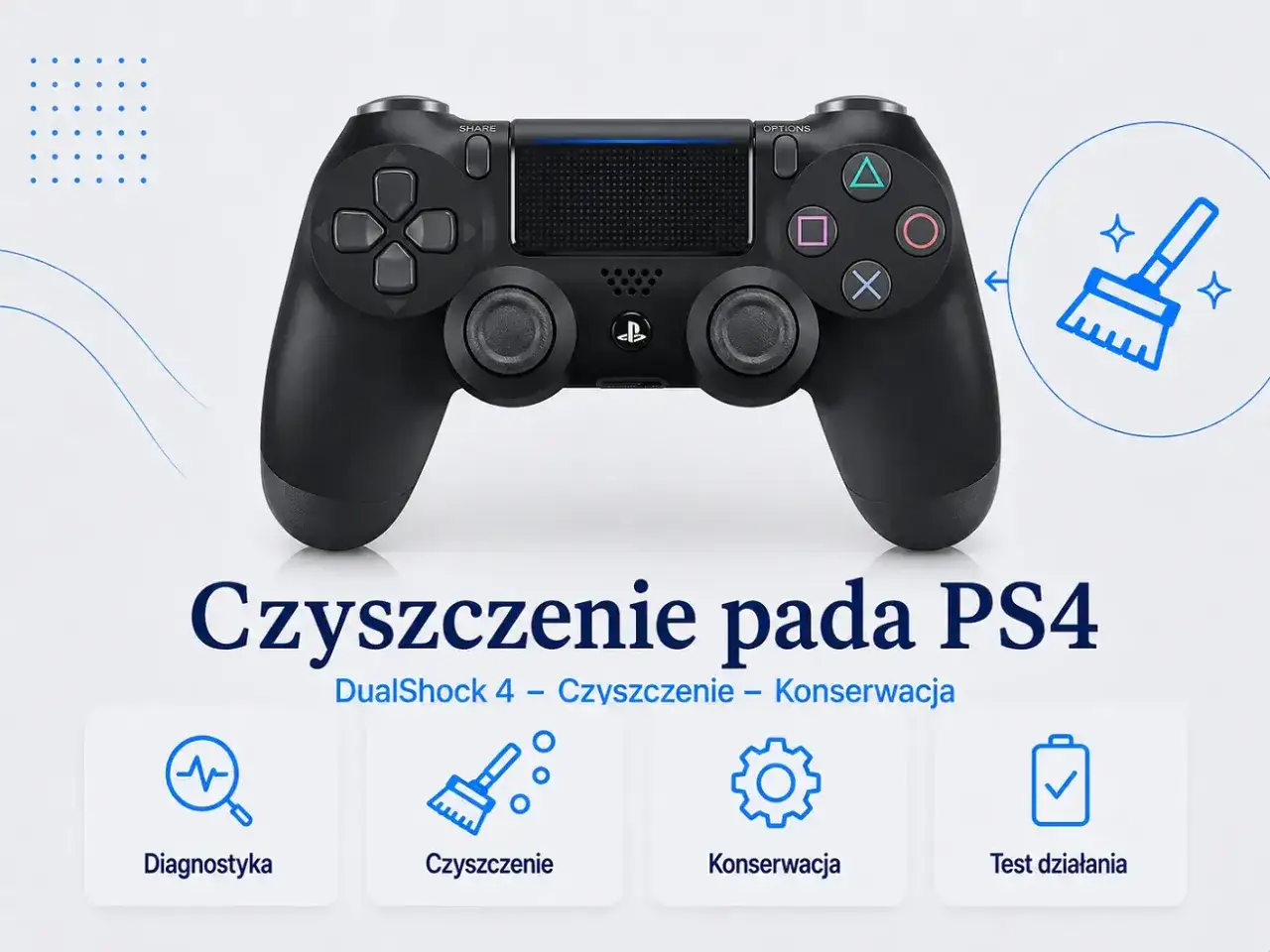 Czyszczenie pada PS4 DualShock 4. Ikony diagnostyki, czyszczenia, konserwacji i testu działania.