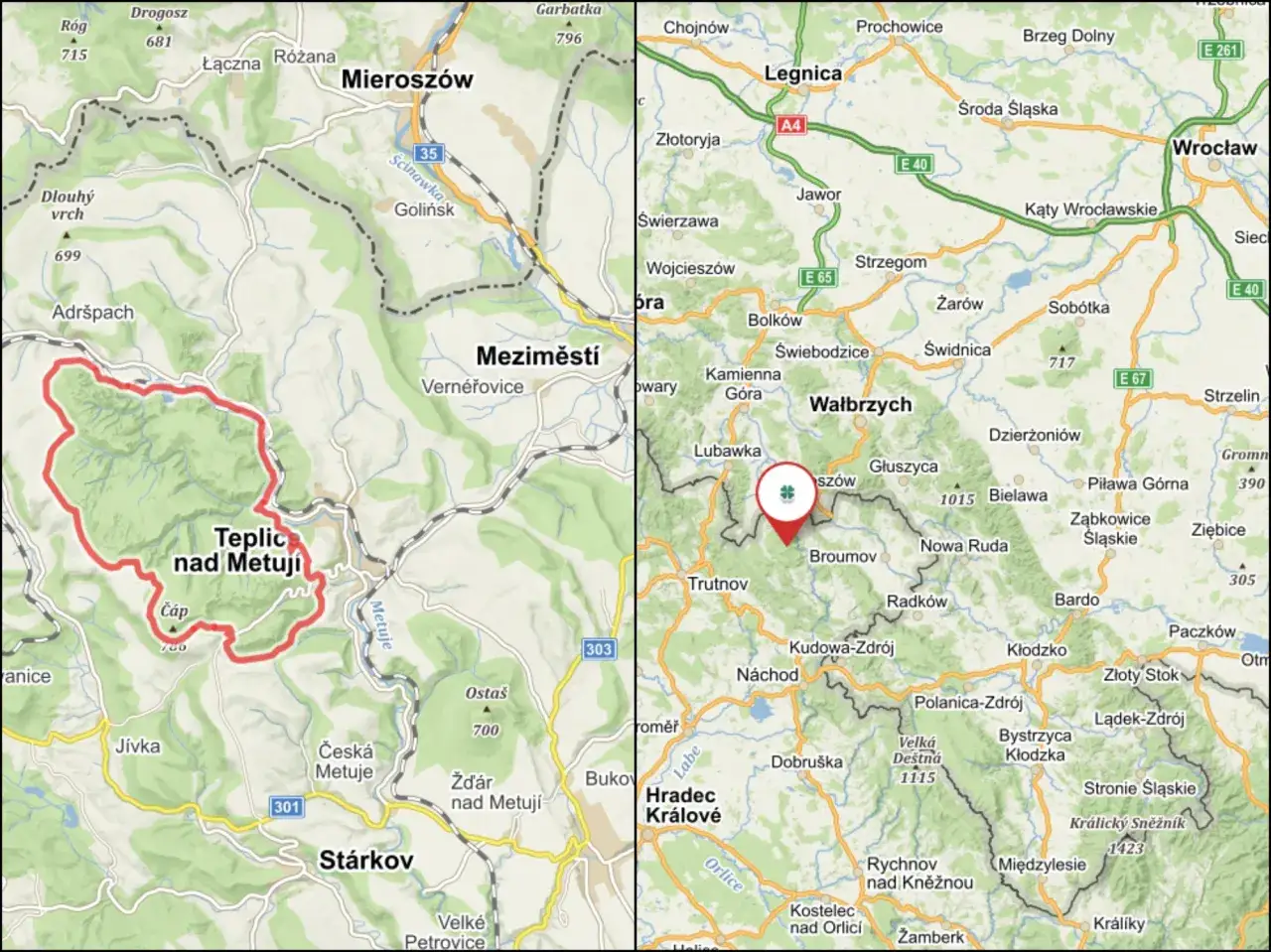 Gdzie jest skalne miasto? Mapa pokazuje okolice Teplic nad Metují i Wałbrzycha, wskazując potencjalne lokalizacje.