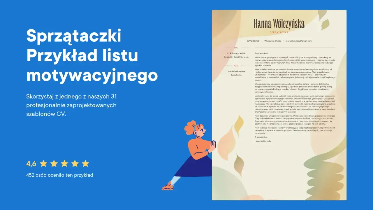List motywacyjny dla sprzątaczki. Przykład profesjonalnego podania o pracę, z szablonem CV.