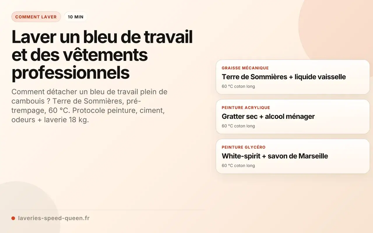Conseils pour laver un bleu de travail m&eacute;canicien tach&eacute; de cambouis, peinture ou ciment. Solutions pour d&eacute;tachage et lavage &agrave; 60&deg;C.