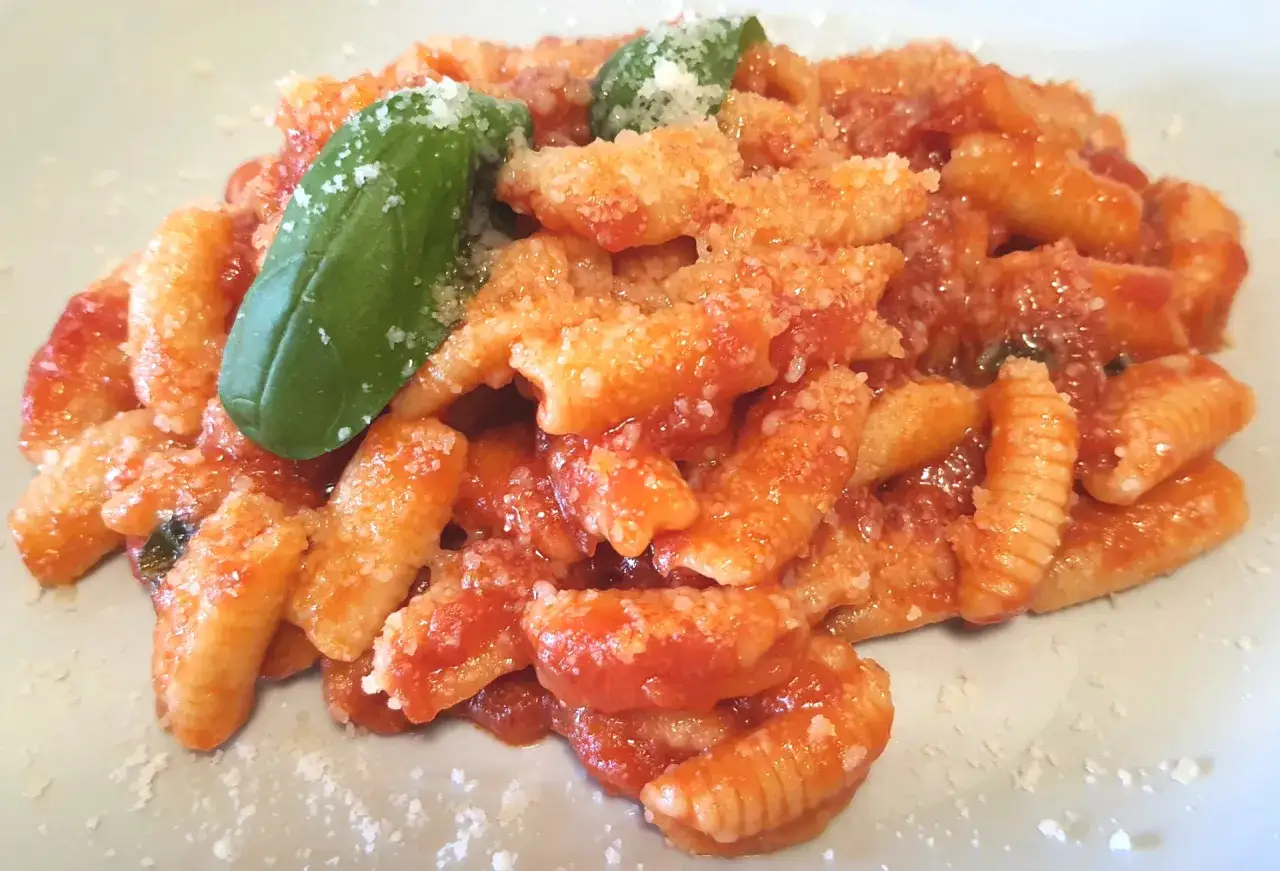 Gnocchetti sardi con sugo di pomodoro, parmigiano e basilico. Un piatto che fa venire voglia di scoprire nuove ricette.