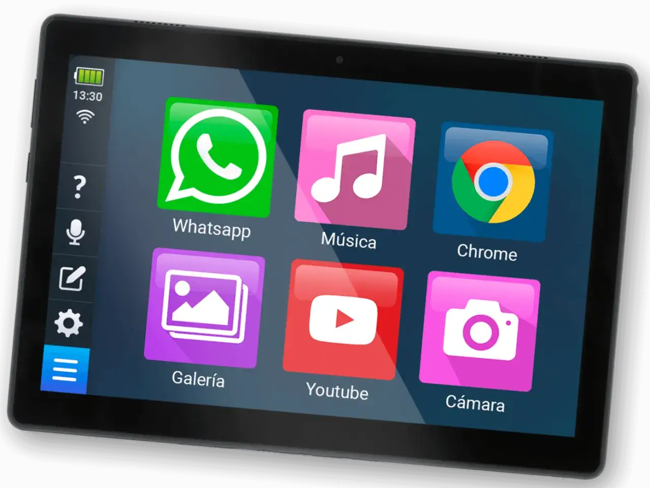 Pantalla de tableta con iconos de apps: WhatsApp, M&uacute;sica, Chrome, Galer&iacute;a, YouTube y C&aacute;mara. Una llamada a tres para conectar con amigos.