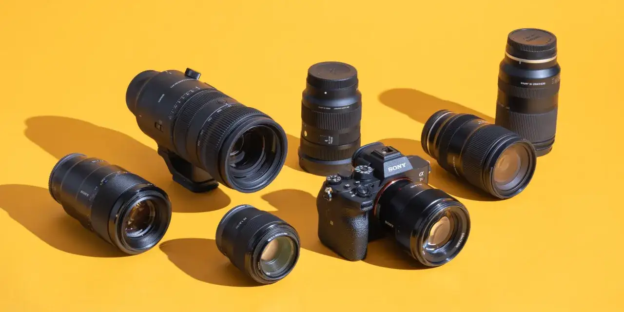 En samling objektiv och en Sony-kamera med sony e mount. Perfekt f&ouml;r alla fotograferingsbehov.