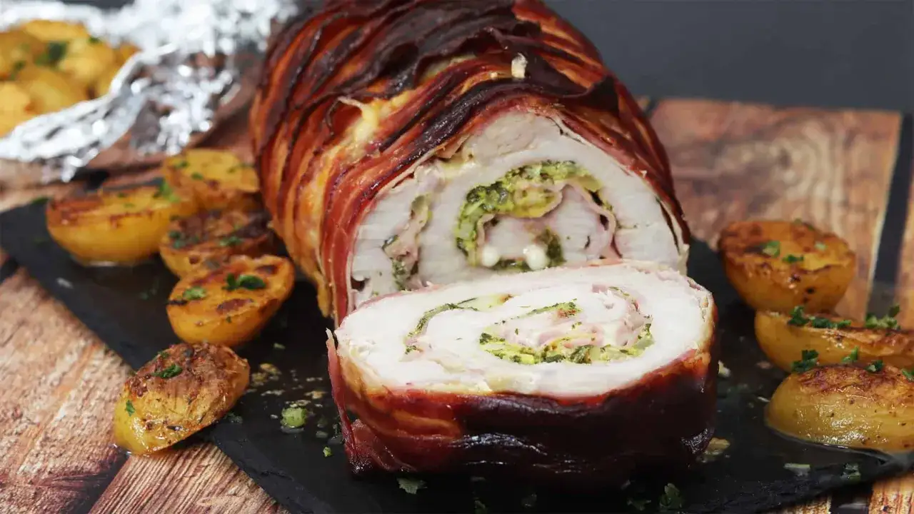 Deliciosos libritos de lomo de cerdo envueltos en tocino, rellenos de espinacas y queso, acompañados de patatas asadas.