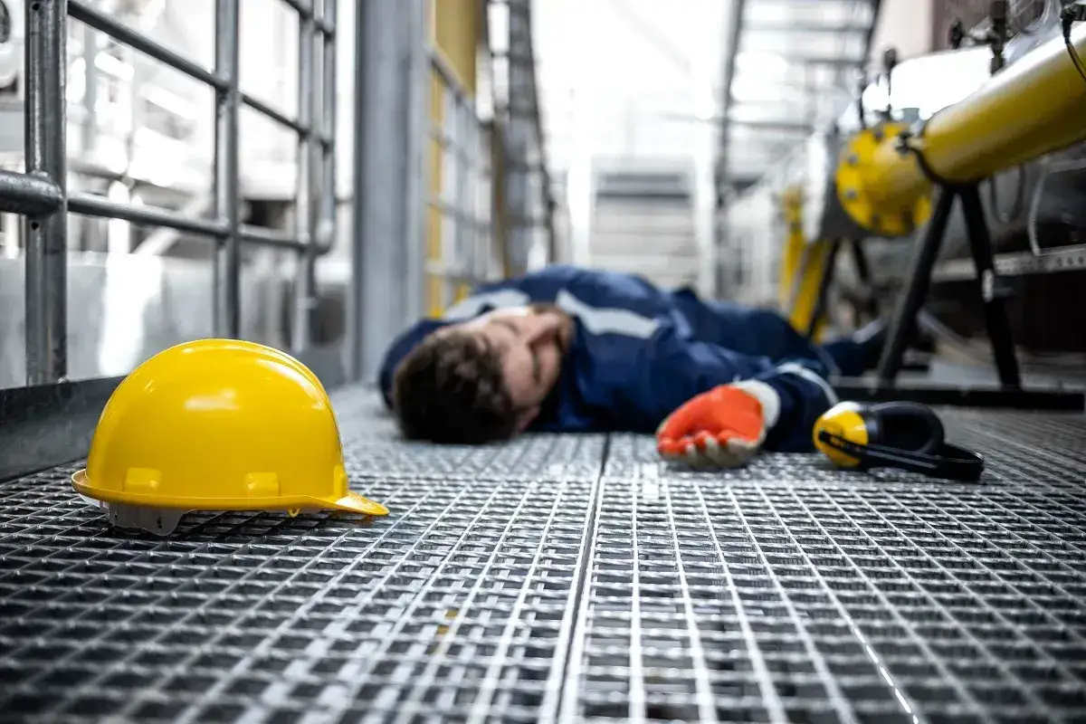 Pracownik leży na metalowej kratownicy, obok ż&oacute;łty kask i słuchawki ochronne. To wypadek na budowie.