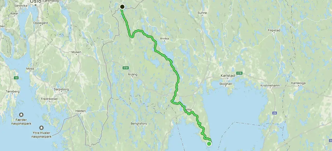 Karta över pilgrimsleder Sverige, med en grön linje som markerar en rutt från Oslo genom Värmland till Vänern.