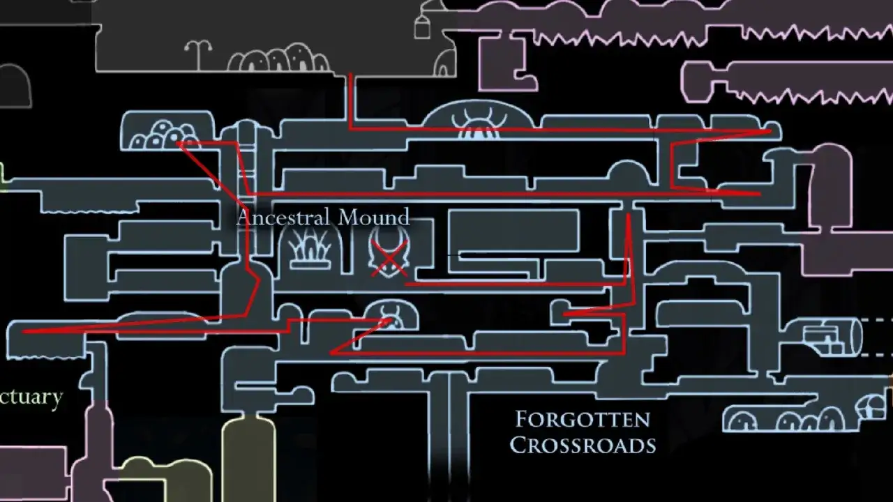 Mapa de Hollow Knight con ruta marcada. Muestra el