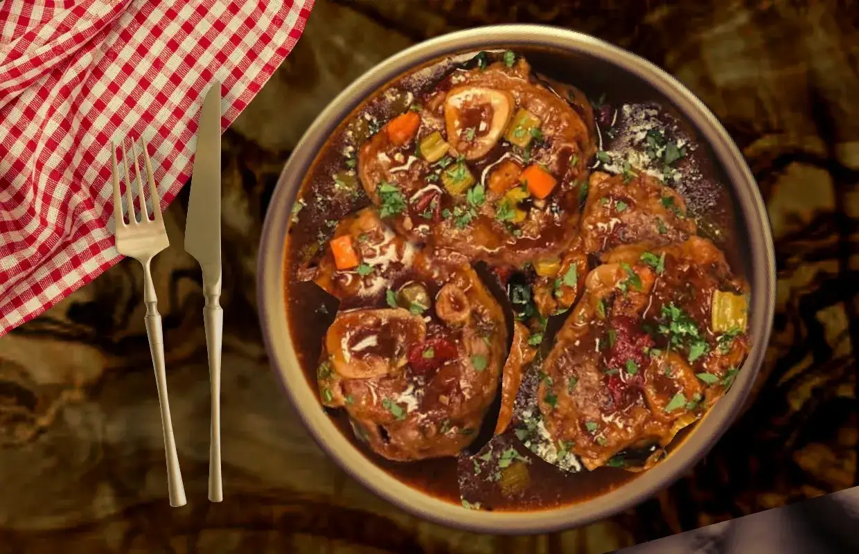 Un plat d'osso bucco de veau traditionnel, mijoté dans une sauce riche, garni de persil frais et de légumes. Servi avec une serviette à carreaux rouges et blancs et des couverts.