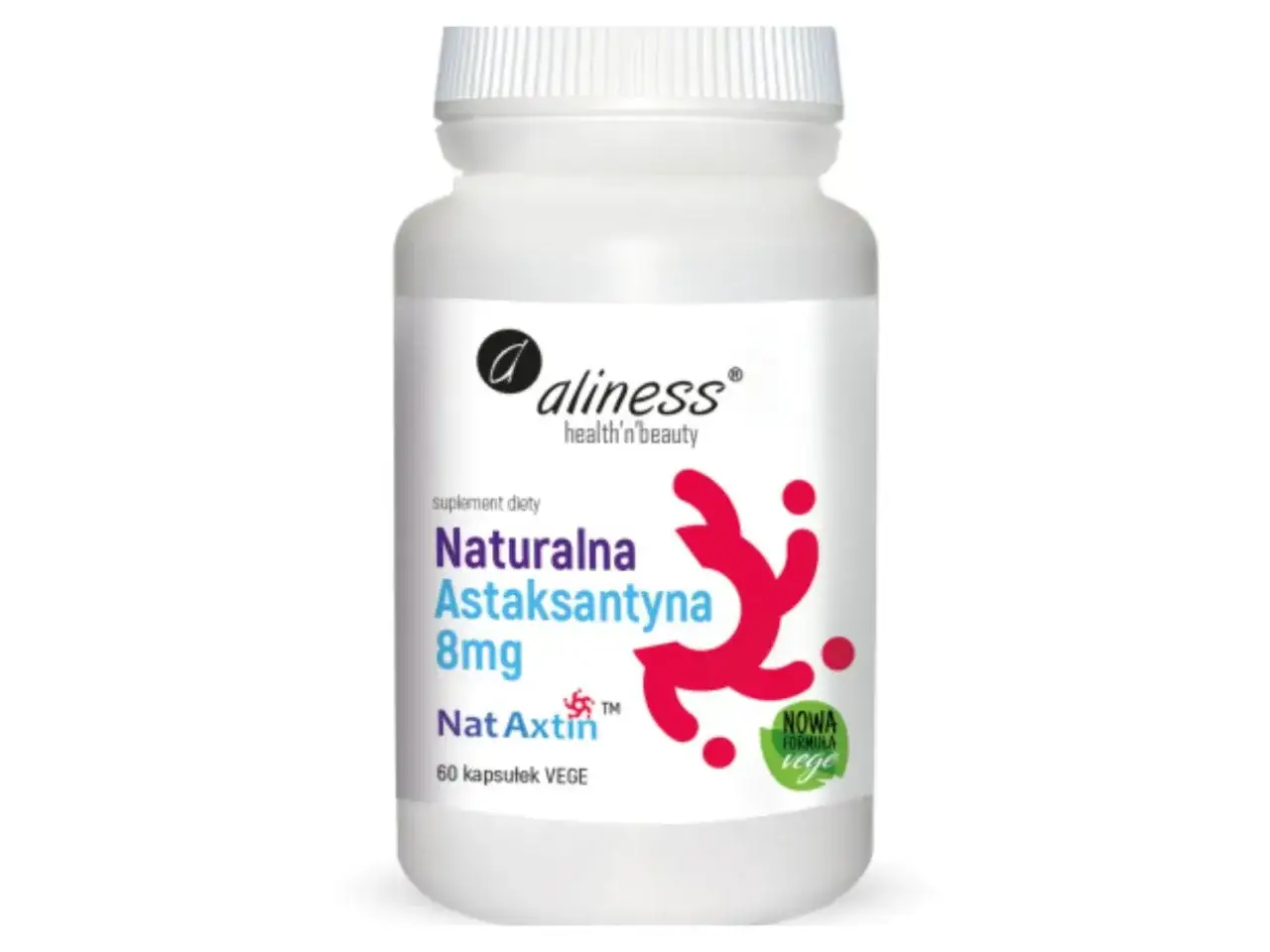 Suplement diety Aliness Naturalna Astaksantyna 8mg, 60 kapsułek VEGE. Odkryj niezwykłe astaksantyna właściwości dla zdrowia i urody.
