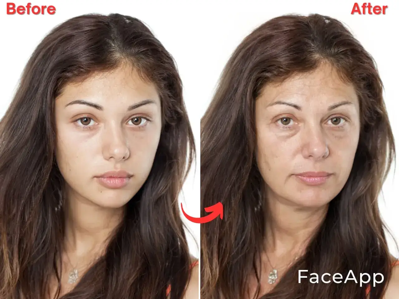 Porównanie twarzy przed i po użyciu FaceApp za darmo. Młoda kobieta staje się starsza, z widocznymi zmarszczkami.