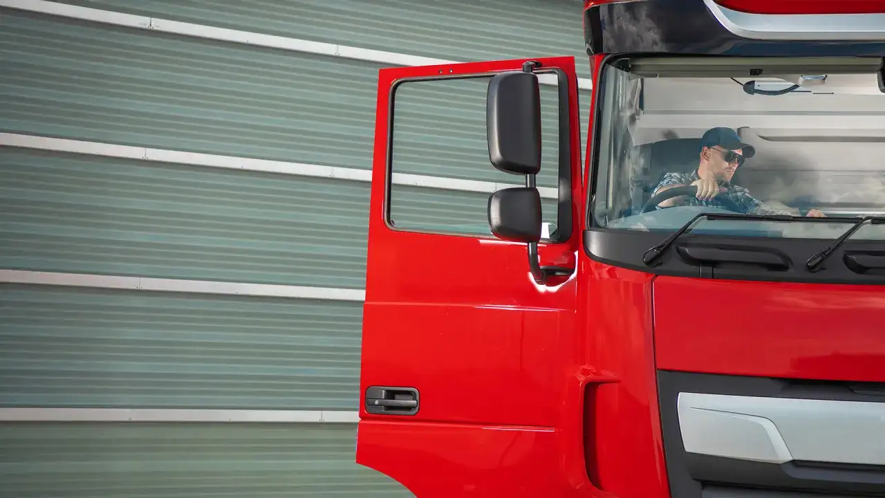 Kierowca w czapce i okularach siedzi za kierownicą czerwonej ciężarówki. PKD transport drogowy to jego pasja.