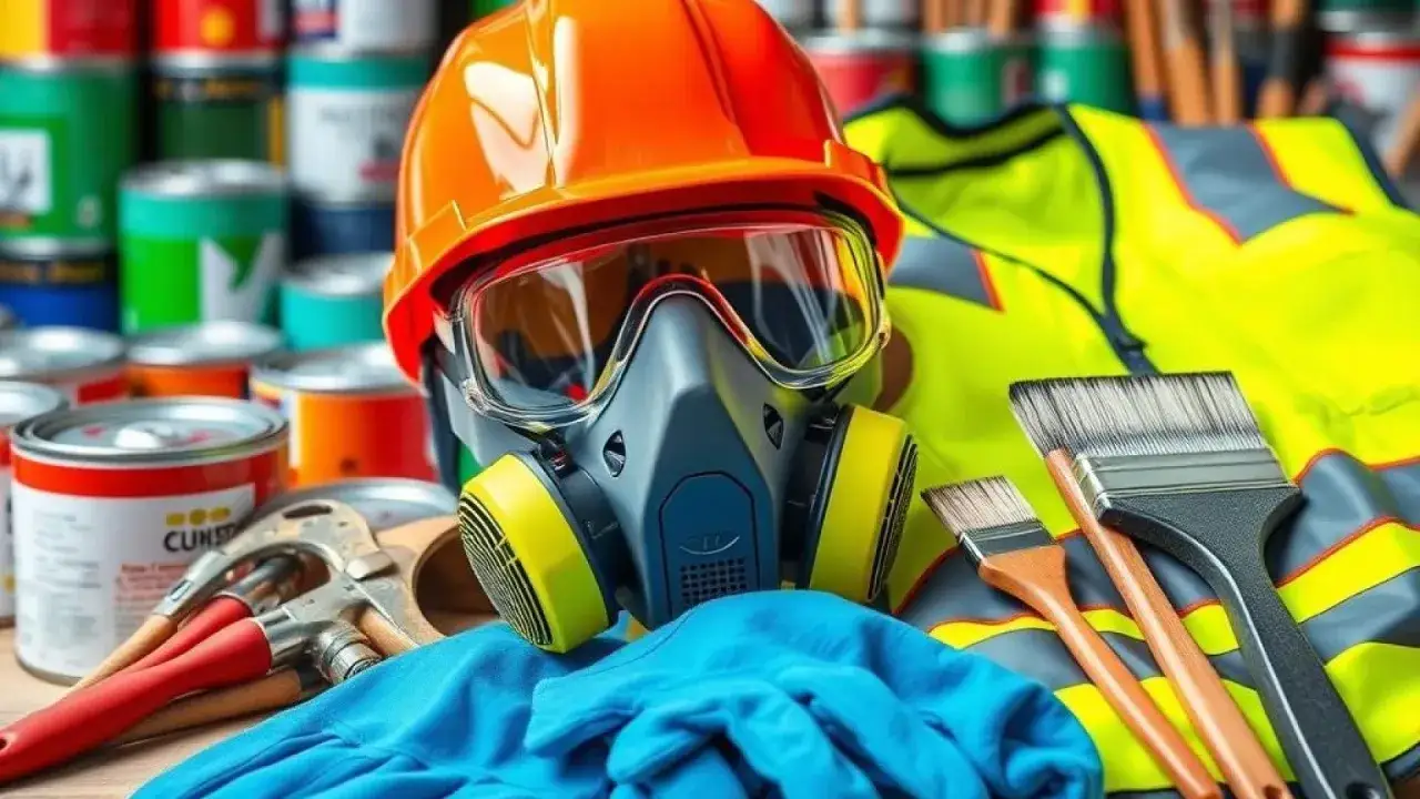 &Eacute;quipement de protection : masque, lunettes, casque, gants, gilet haute visibilit&eacute;, pinceaux et pots de peinture. Attention au diluant cellulosique danger.
