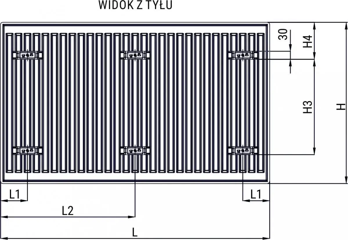 Schemat grzejnika C22 z widokiem z tyłu. Pokazuje wymiary L, H, L1, L2, H3, H4 oraz odległość 30.