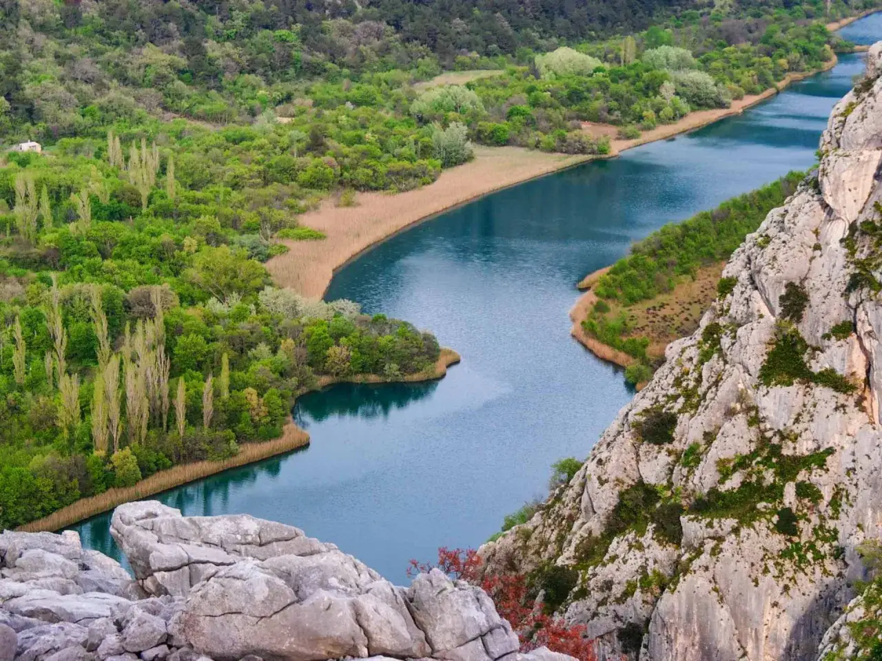 Malowniczy widok na rzekę Cetina w Chorwacji. Woda lśni, otoczona bujną zielenią i skalistymi zboczami.