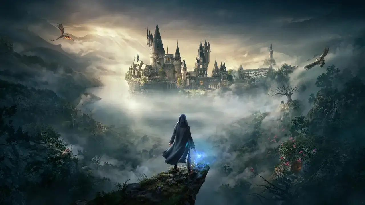 Magiczna przygoda w świecie gry Harry Potter. Postać z różdżką na skale, zamek Hogwart w oddali, latający smok i orzeł.
