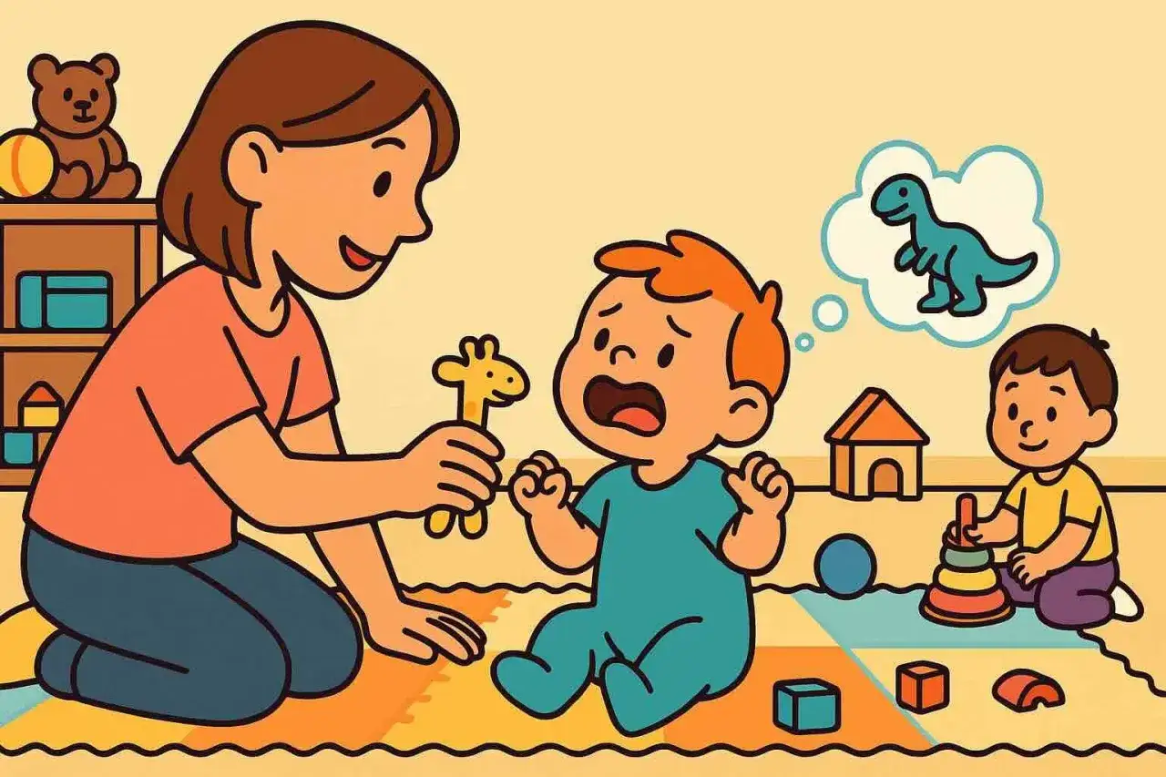 Niño llora porque muerden los niños de 1 a 2 años. Mamá intenta calmarlo con un juguete, mientras otro niño juega.