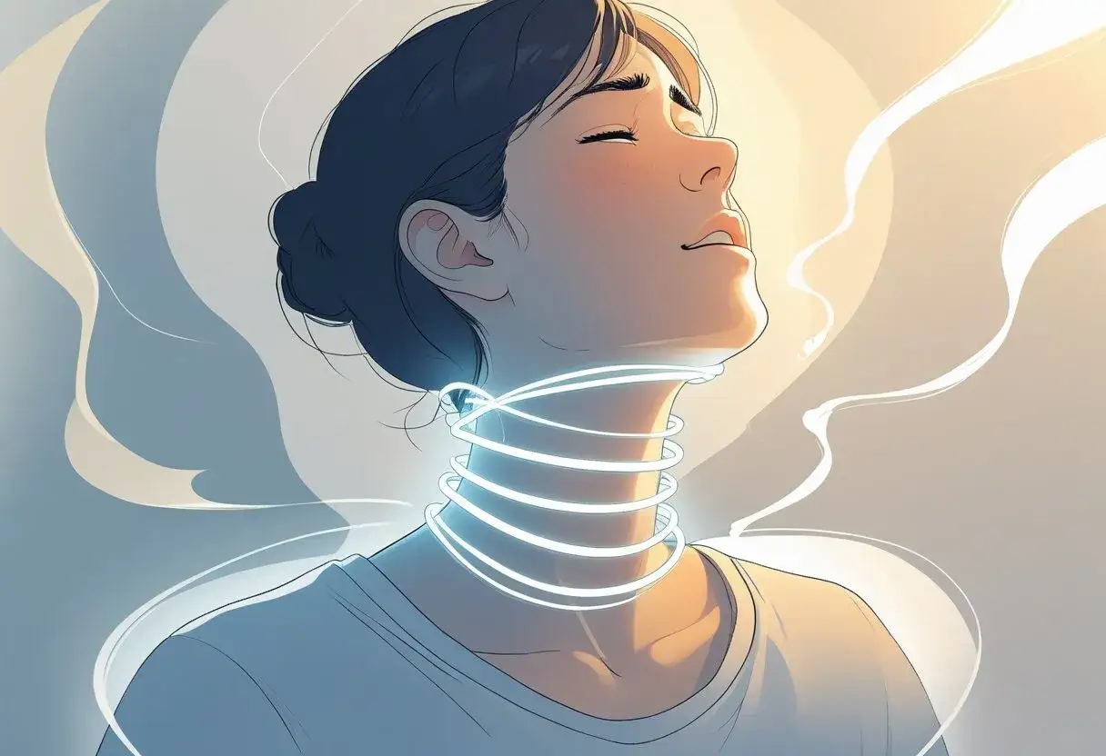 Donna con spirali luminose intorno al collo, espressione di sollievo dopo aver superato la difficoltà a deglutire e l'ansia.